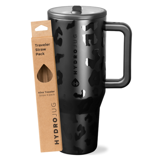 Black Leopard Traveler 40oz + Replacement Straw Pack